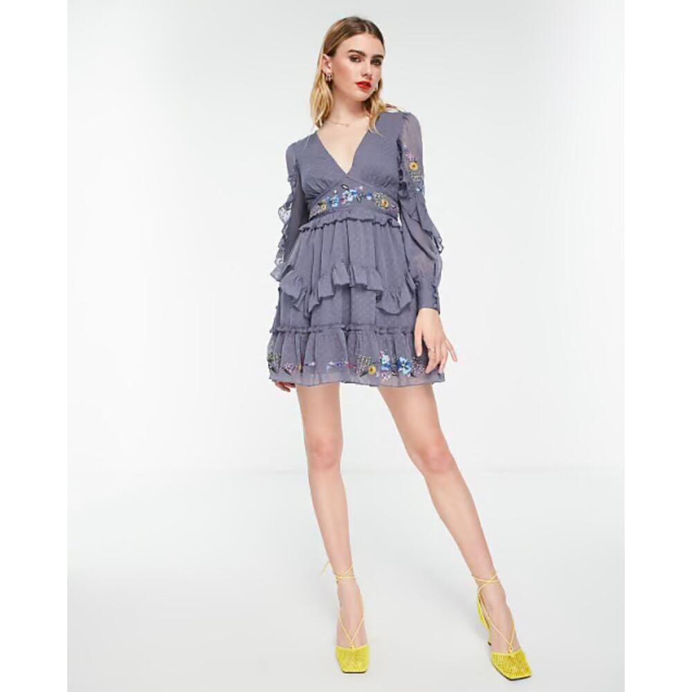 ASOS Embroidered Purple Mini Dress SZ 8 Long‎ Sleeve Ruffle Swiss Dot Fairycore